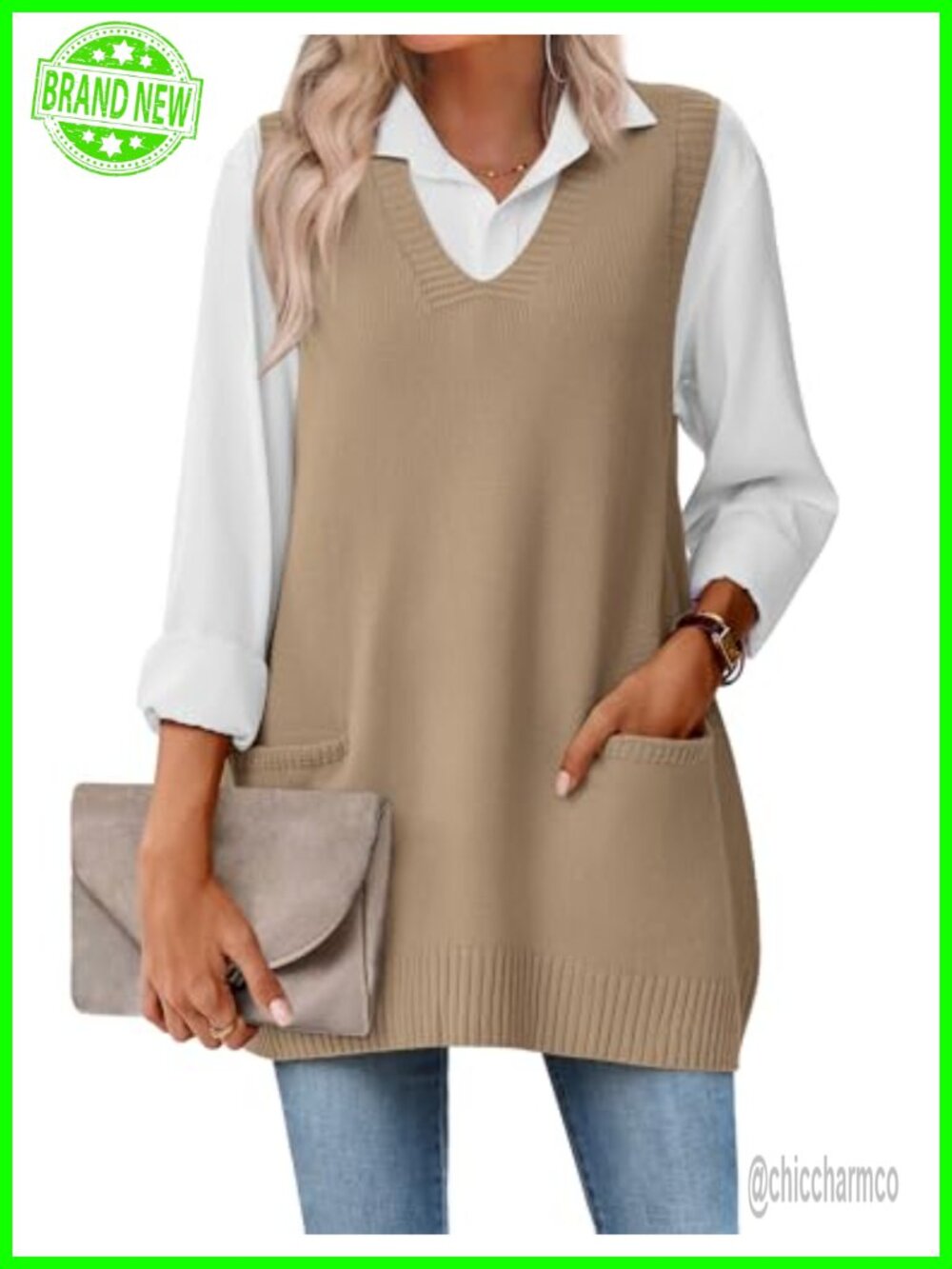 Women's Oversized Sleeveless V-Neck Knit Sweater Vest with Pockets
